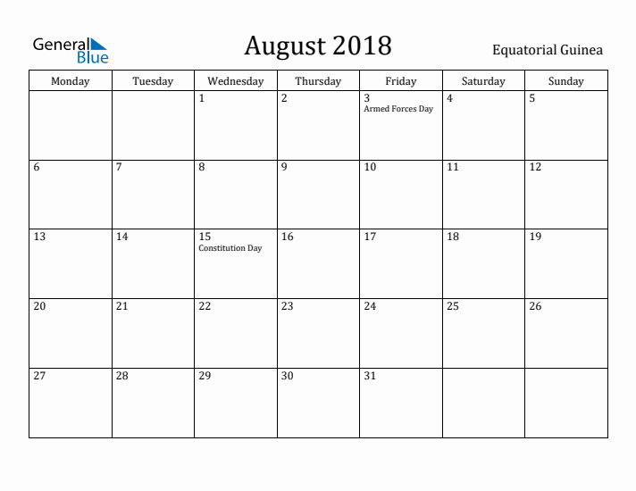 August 2018 Calendar Equatorial Guinea