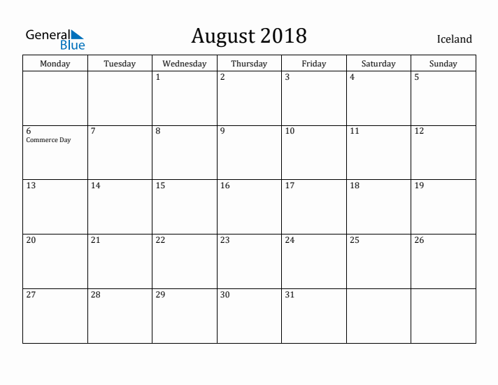 August 2018 Calendar Iceland