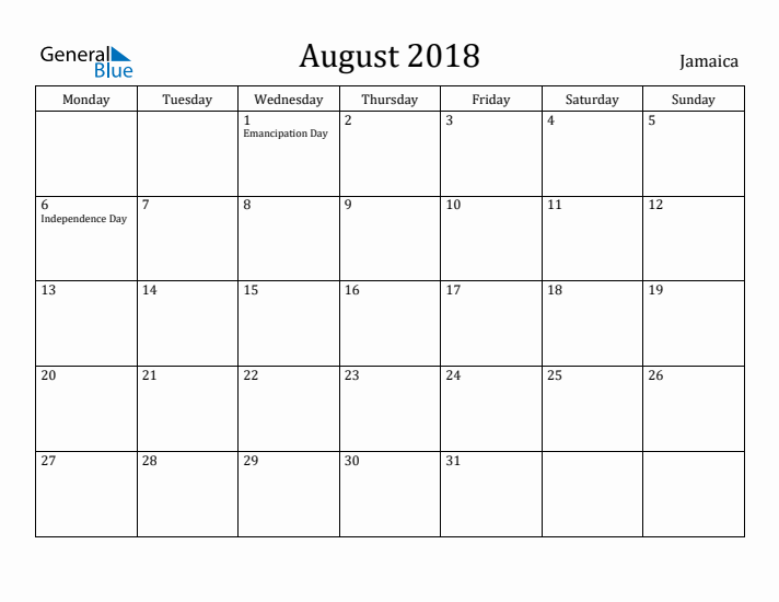 August 2018 Calendar Jamaica