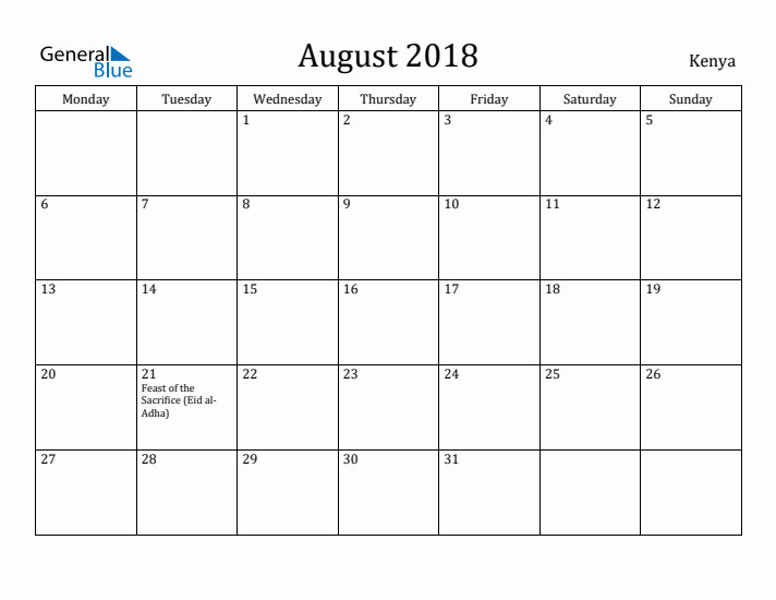 August 2018 Calendar Kenya