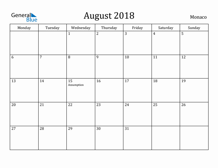 August 2018 Calendar Monaco