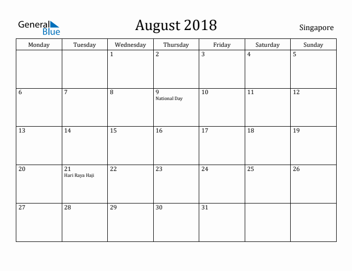 August 2018 Calendar Singapore