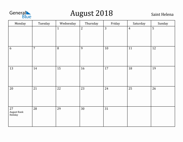 August 2018 Calendar Saint Helena