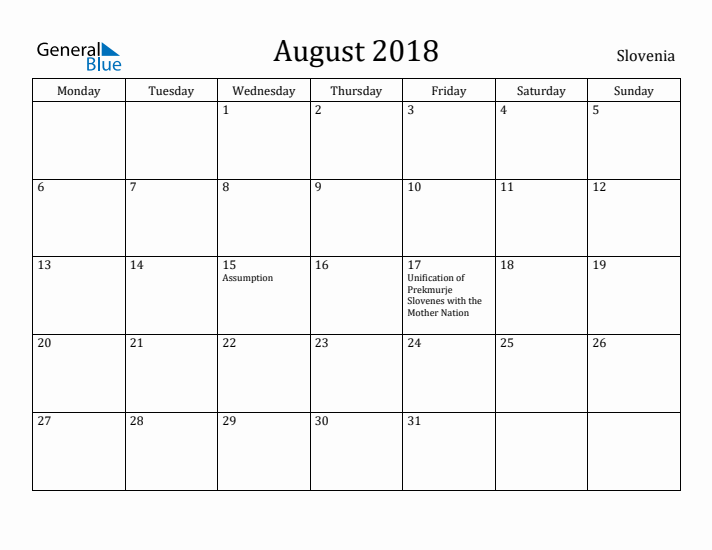 August 2018 Calendar Slovenia