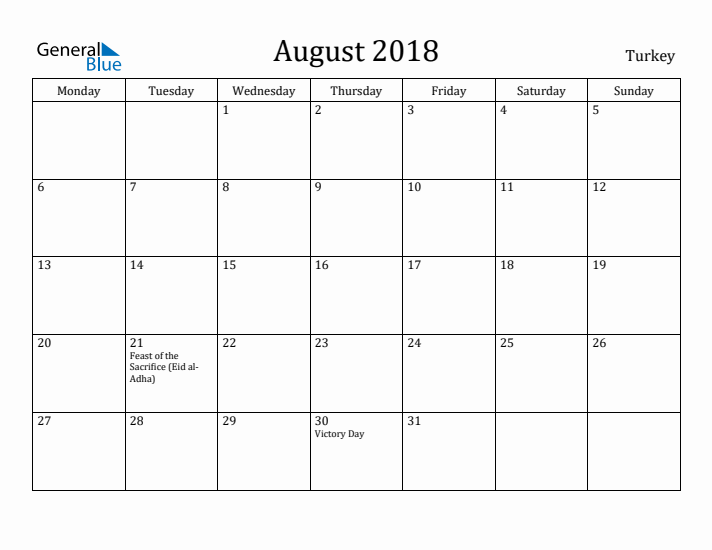 August 2018 Calendar Turkey