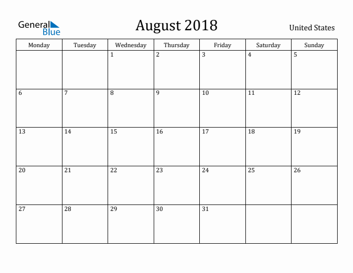 August 2018 Calendar United States