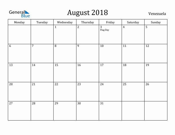 August 2018 Calendar Venezuela