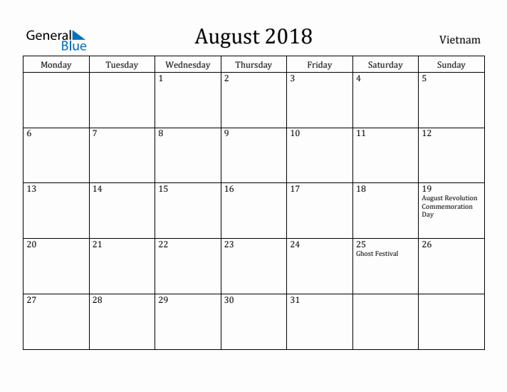 August 2018 Calendar Vietnam