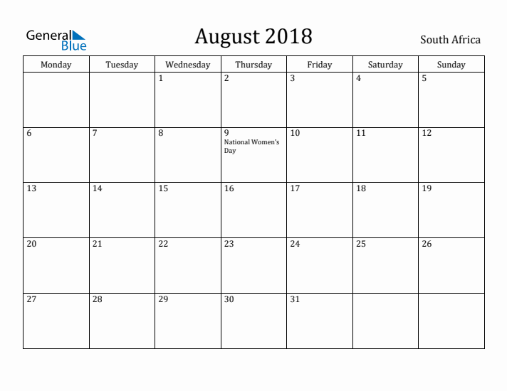 August 2018 Calendar South Africa