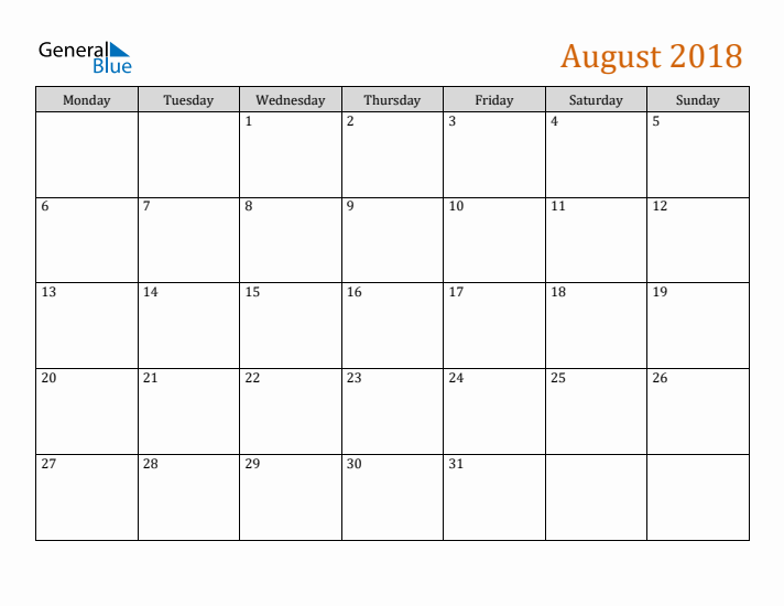 Editable August 2018 Calendar