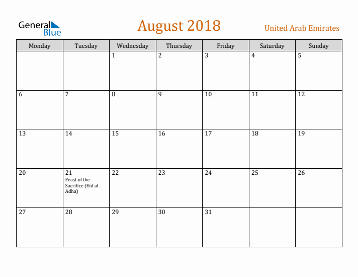 August 2018 Holiday Calendar with Monday Start