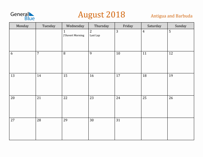 August 2018 Holiday Calendar with Monday Start