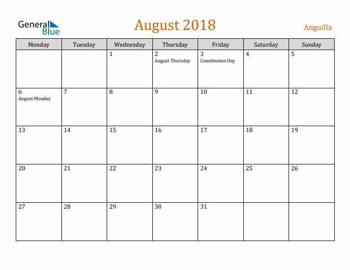 August 2018 Holiday Calendar with Monday Start