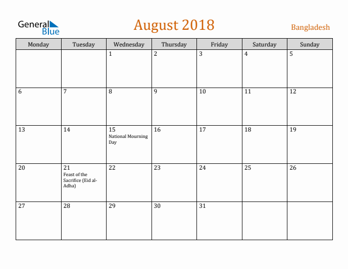 August 2018 Holiday Calendar with Monday Start