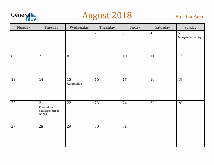 August 2018 Holiday Calendar with Monday Start