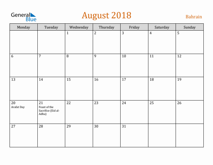 August 2018 Holiday Calendar with Monday Start