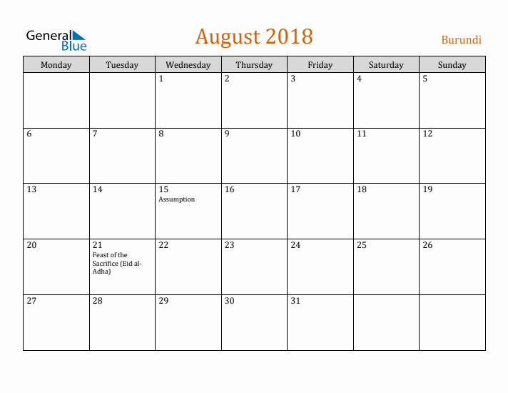 August 2018 Holiday Calendar with Monday Start