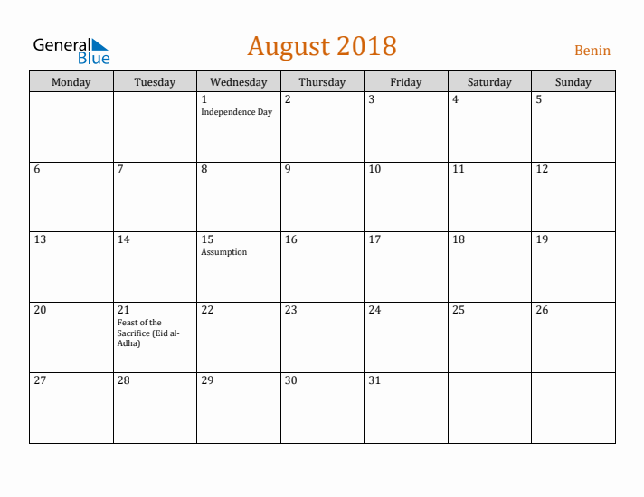 August 2018 Holiday Calendar with Monday Start