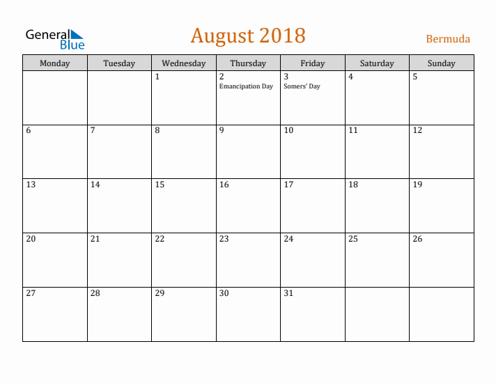 August 2018 Holiday Calendar with Monday Start