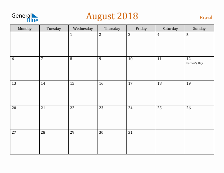 August 2018 Holiday Calendar with Monday Start