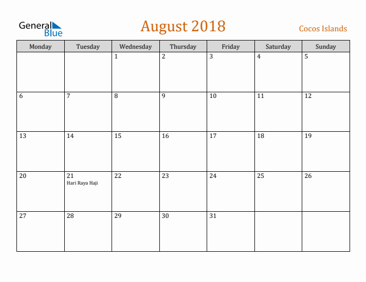 August 2018 Holiday Calendar with Monday Start