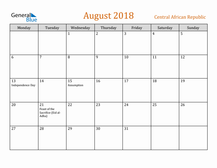 August 2018 Holiday Calendar with Monday Start