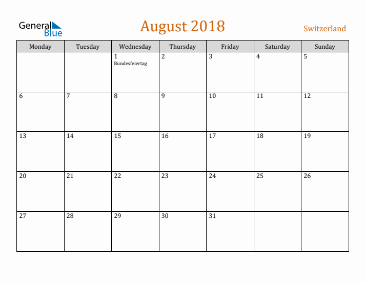 August 2018 Holiday Calendar with Monday Start