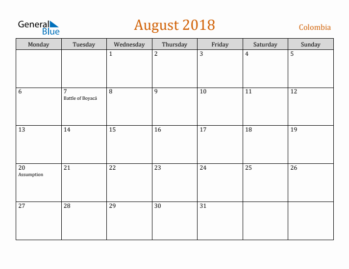 August 2018 Holiday Calendar with Monday Start