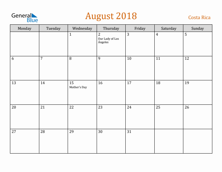 August 2018 Holiday Calendar with Monday Start