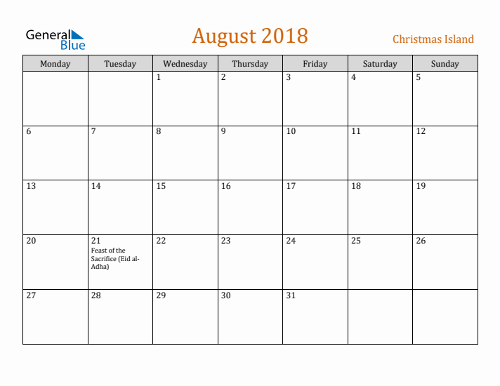 August 2018 Holiday Calendar with Monday Start