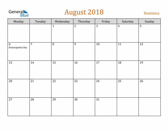 August 2018 Holiday Calendar with Monday Start