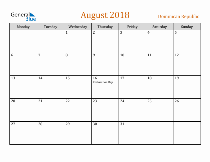 August 2018 Holiday Calendar with Monday Start