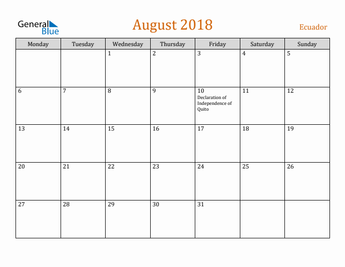 August 2018 Holiday Calendar with Monday Start