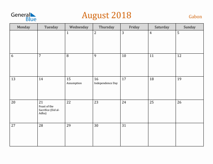 August 2018 Holiday Calendar with Monday Start