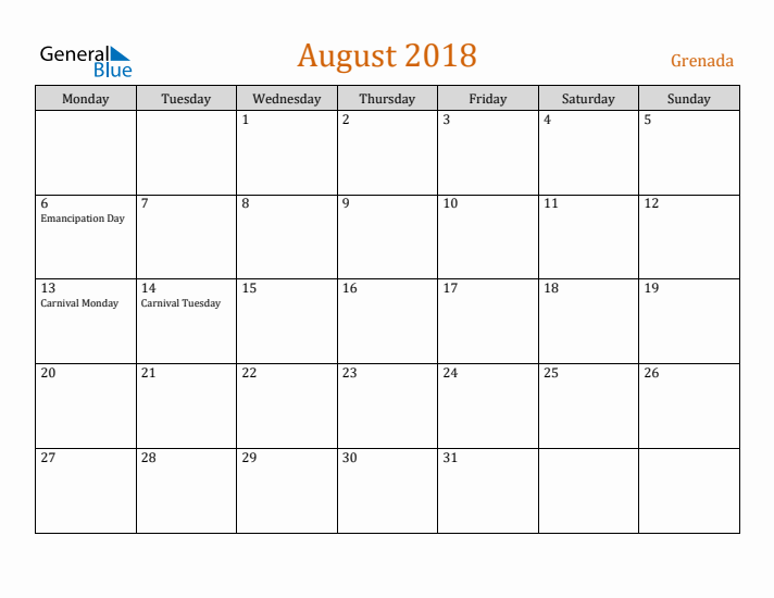 August 2018 Holiday Calendar with Monday Start