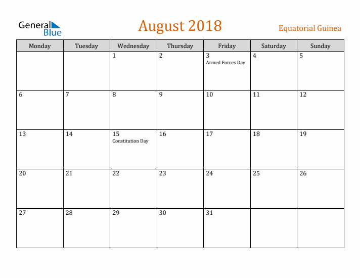 August 2018 Holiday Calendar with Monday Start