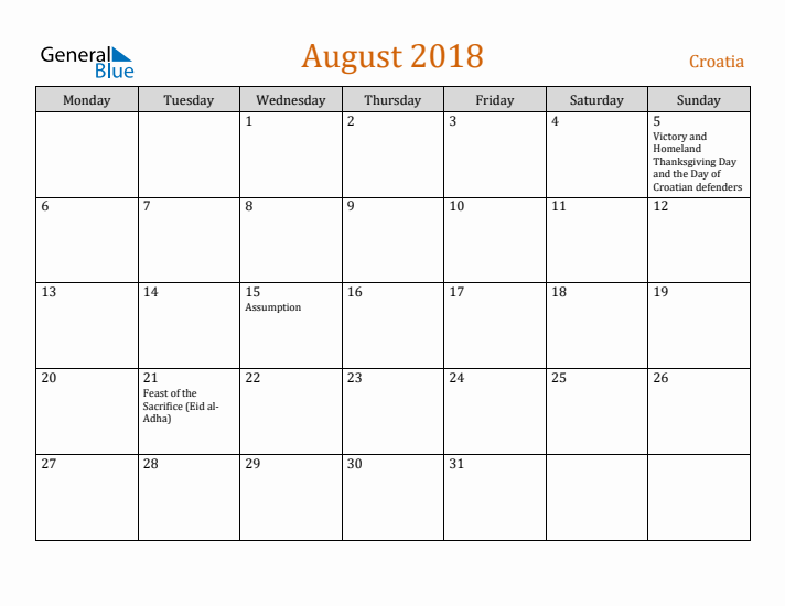 August 2018 Holiday Calendar with Monday Start