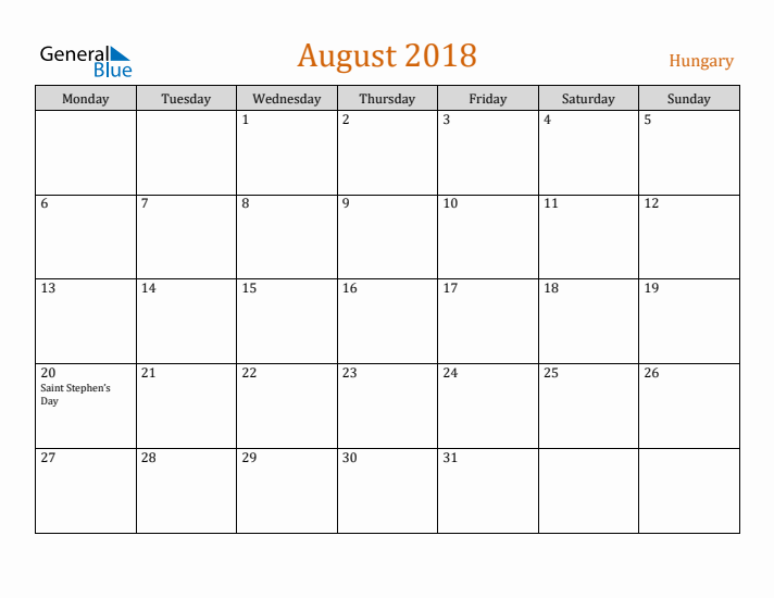 August 2018 Holiday Calendar with Monday Start