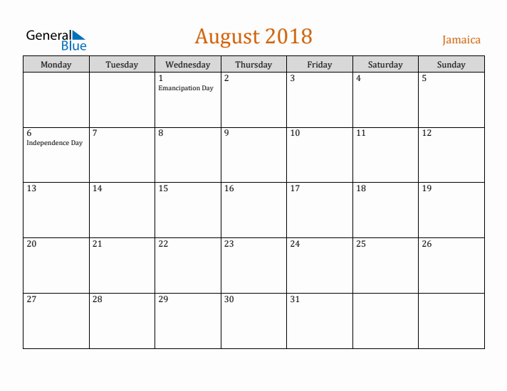 August 2018 Holiday Calendar with Monday Start