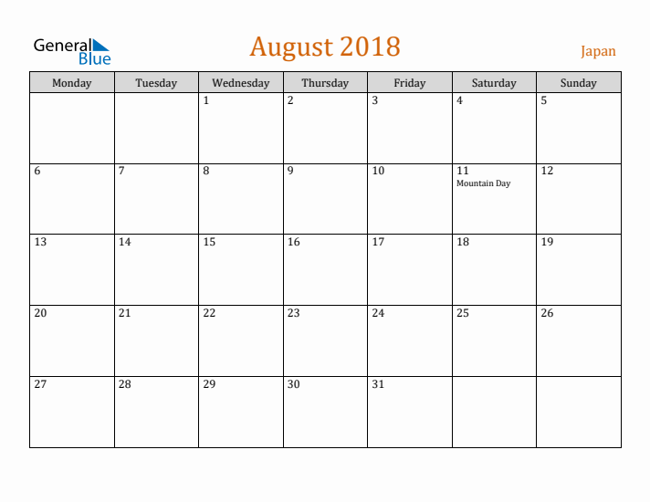 August 2018 Holiday Calendar with Monday Start