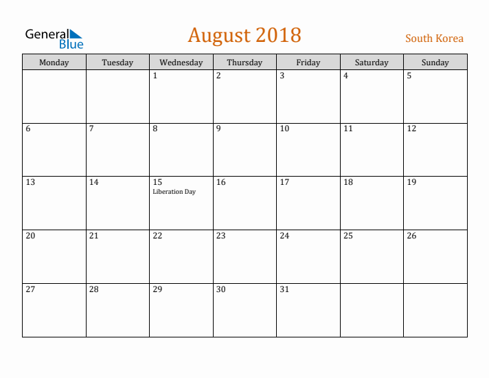 August 2018 Holiday Calendar with Monday Start