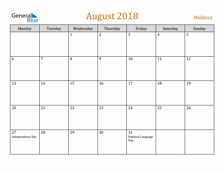 August 2018 Holiday Calendar with Monday Start