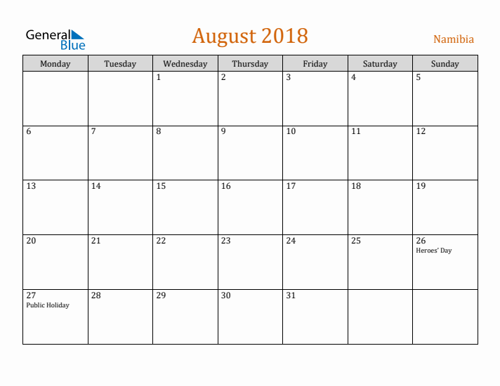 August 2018 Holiday Calendar with Monday Start