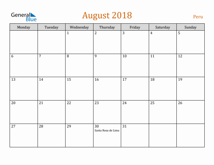 August 2018 Holiday Calendar with Monday Start