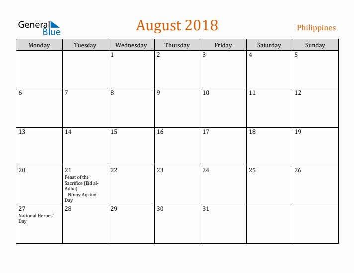 August 2018 Holiday Calendar with Monday Start