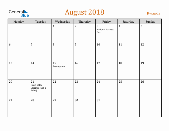 August 2018 Holiday Calendar with Monday Start