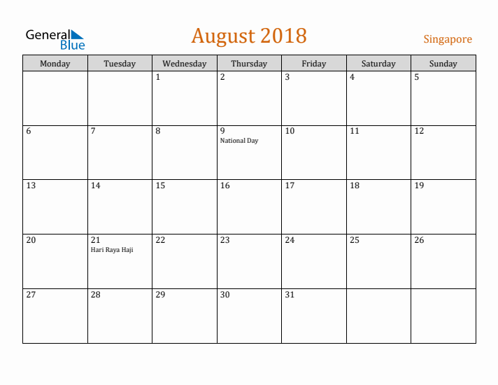 August 2018 Holiday Calendar with Monday Start