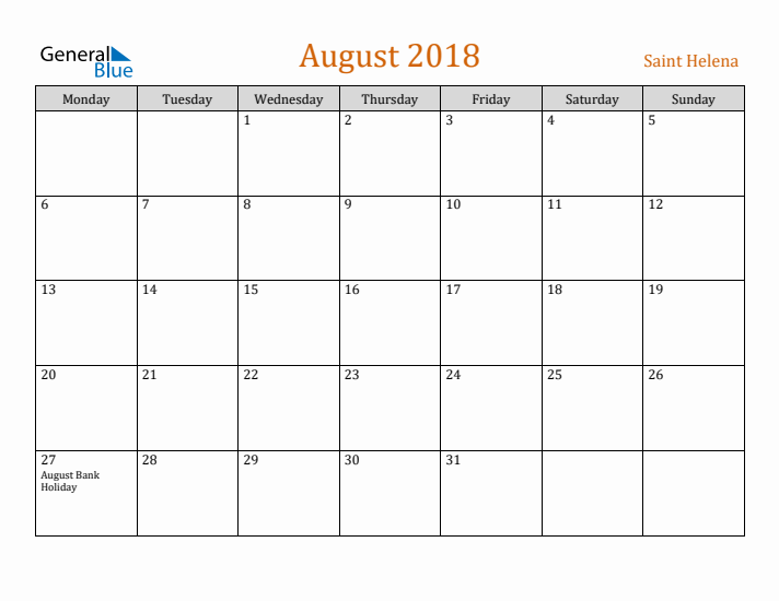 August 2018 Holiday Calendar with Monday Start