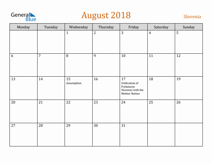 August 2018 Holiday Calendar with Monday Start