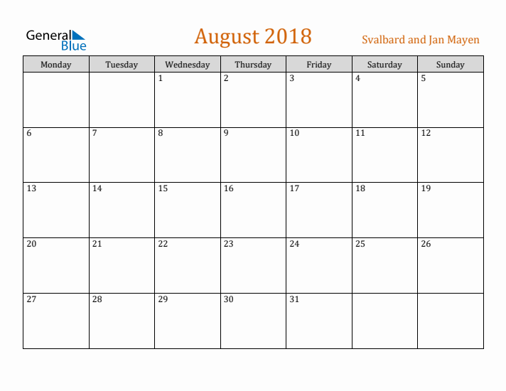 August 2018 Holiday Calendar with Monday Start